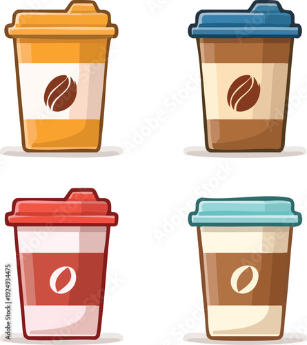 Design a café drink icon bundle including espresso cups, takeaway coffee, and tea mugs. 