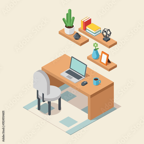 Modern office workspace with laptop and office supplies on a wooden desk.