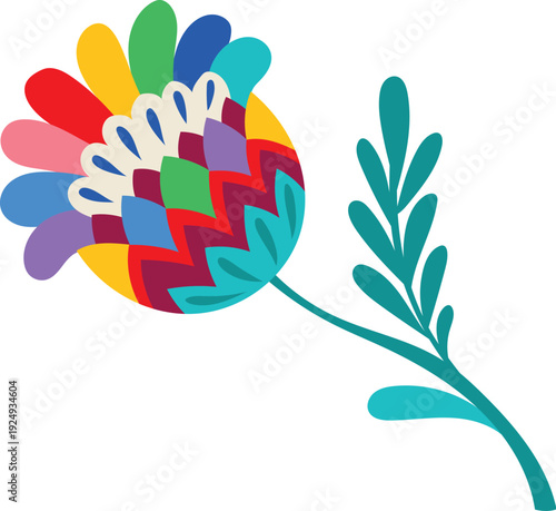 Mexican folklore print abstract flower object with rainbow colors bud petals. Mexico ethnic floral decoration, Hispanic plant vector element. Mexican folk flower isolated object or decor