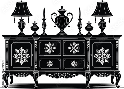 Detailed black and white illustration of ornate cabinet with snowflake motifs, lamps, vases, urns, and candlesticks for vintage, holiday, and interior design themes
