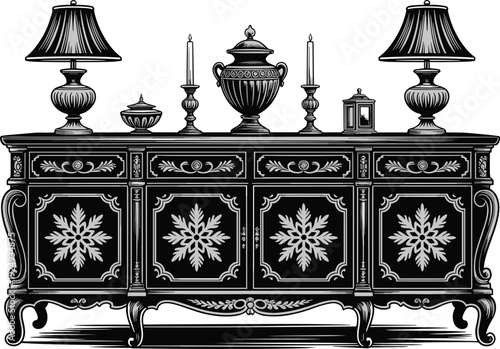 Illustration of ornate vintage sideboard with floral carvings and decorative items including lamps, candlesticks, urn, lantern, and bowl for interior design themes