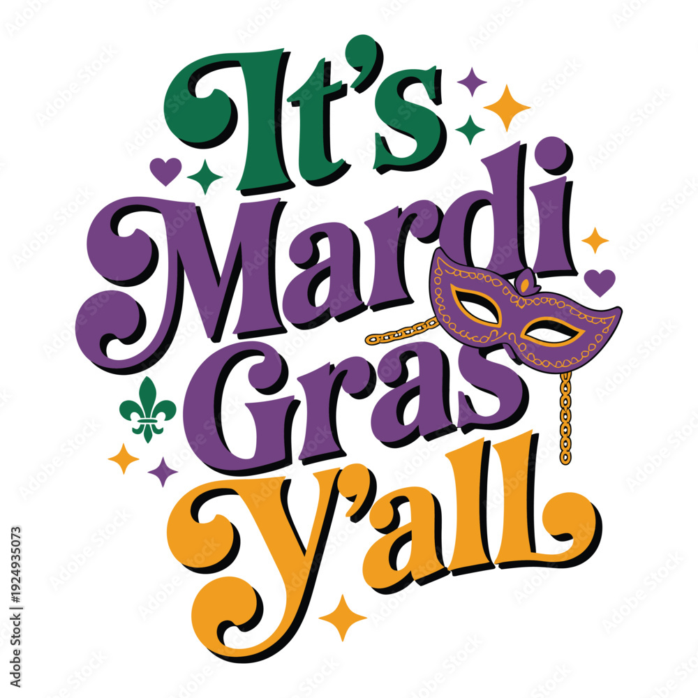 Obraz premium Mardi Gras Y'all text with fleur de lis and beaded mask
