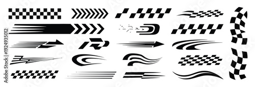 Assortment of energetic racing and speed graphics, including checkered patterns, chevrons, abstract motion lines, and stylized arrows for vehicle customization.