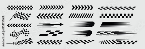 Collection of racing-inspired graphic elements, showcasing checkered flags, speed lines, chevrons, and abstract motion graphics for automotive decals and banners.