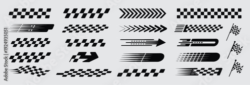 Set of dynamic speed and racing graphics, featuring checkered patterns, abstract motion lines, arrows, and checkered flags suitable for automotive vinyl and stickers.