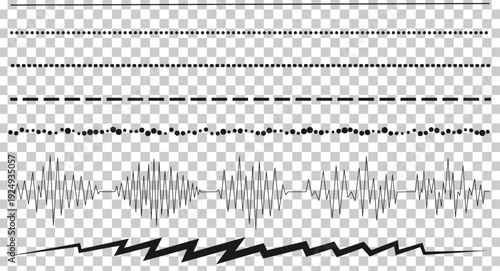 Sound wave vector collection with audio waveform lines, music frequency spectrum, black signal pulse elements isolated on transparent background