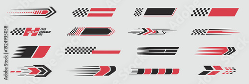 Collection of dynamic racing stripes and checkered flag elements in red and black, perfect for automotive graphics and sports designs.