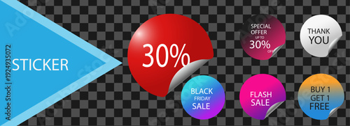 Sale discount sticker collection vector with 30 percent badge, special offer labels, flash sale and black friday promotional tags