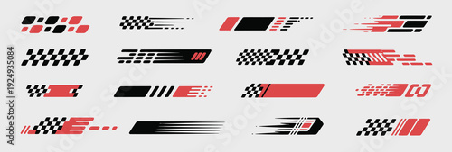 Assortment of vector racing graphics featuring checkered flags, speed lines, and abstract patterns in red and black for dynamic sports and automotive applications.