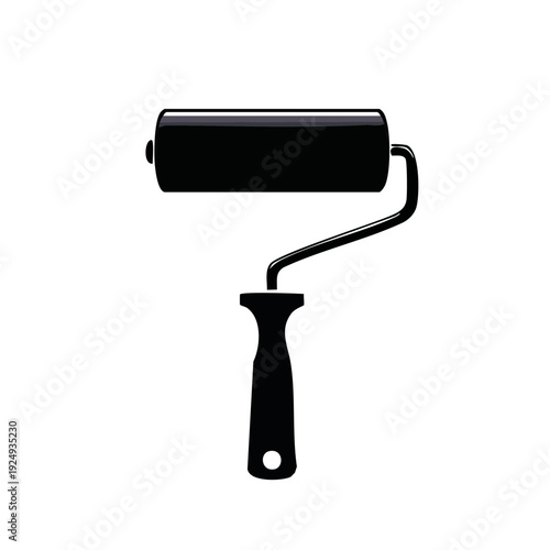 A black paint roller with a long handle is depicted against a plain white background from a straightforward viewpoint