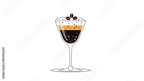 Espresso martini cocktail in a tall glass garnished with three dark coffee beans and foam over a plain background.