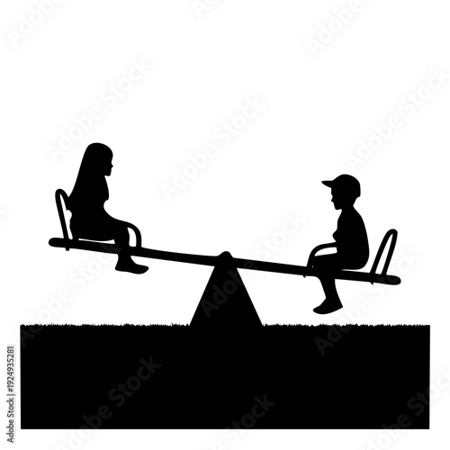 A boy and girl playing on a seesaw in a park, silhouetted against a simple background, viewed from the side