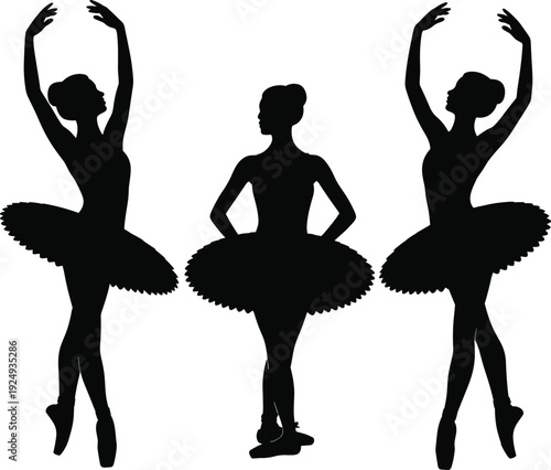 Elegant ballerina silhouette collection, classical ballet dancers in tutu performing graceful poses isolated on white background, flat vector illustration