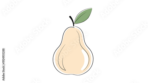 Simple artistic drawing of a ripe pear with a single green leaf and soft shading depicted in a clean minimalist style.