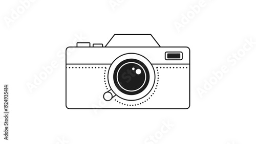Classic film camera icon shown as a black and white line drawing with a focus lens and viewfinder for photography themes.