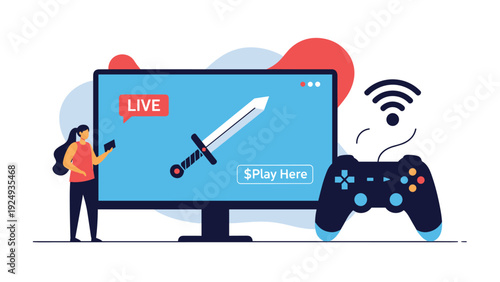 Modern online gaming concept showing a woman with a tablet next to a screen displaying a sword and a wireless controller.