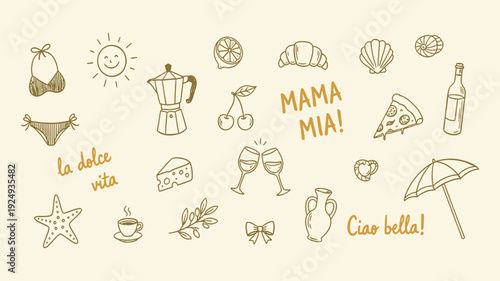 Italian style vacation hand drawn vector illustrations in grunge chalk or charcoal rough doodle sketch style. Crayon drawing for menus and invitations