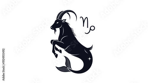 Silhouette of a Capricorn zodiac sea-goat jumping upwards next to the astrological symbol for the sign on white background.