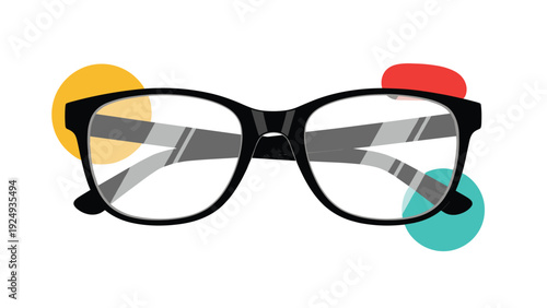 Trendy black spectacles with clear lenses shown alongside colorful yellow, red, and turquoise circular design elements.