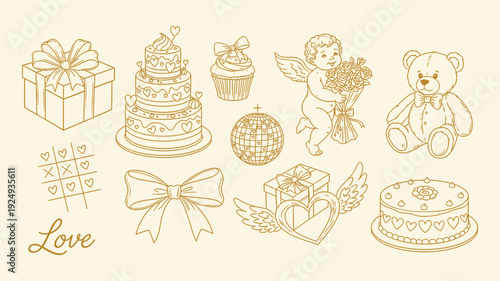Cute Valentine Day and wedding hand drawn elements set with hearts, bows, cakes and drinks. Vector illustration isolated on white