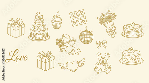 Cute Valentine Day and wedding hand drawn elements set with hearts, bows, cakes and drinks. Vector illustration isolated on white