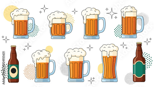 Wide assortment of beer mugs, glasses, and bottles with thick foam heads decorated with sparkles and colorful dots.