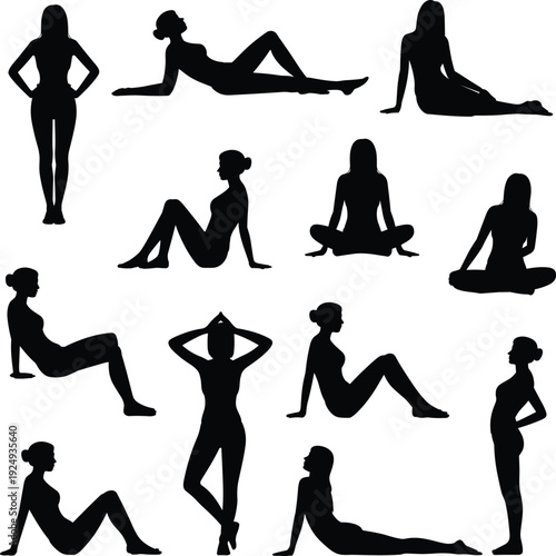 Female body silhouette collection, elegant women sitting standing reclining poses isolated black flat vector illustration