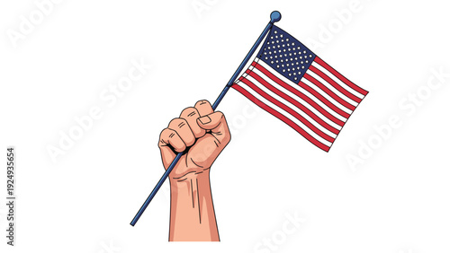 Strong hand firmly grasping a small American flag on a pole shown in a detailed vector illustration on white background.