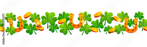 Happy St Patrick's day border frame with lucky horseshoe, shamrock clover leaves and golden coins. Ireland holiday vector frame border. Saint Patrick separator line with horseshoe, clovers and coins