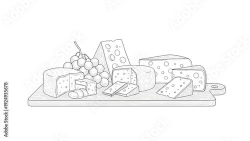 Detailed black and white sketch of various cheese wheels and wedges on a wooden cutting board with a bunch of grapes.