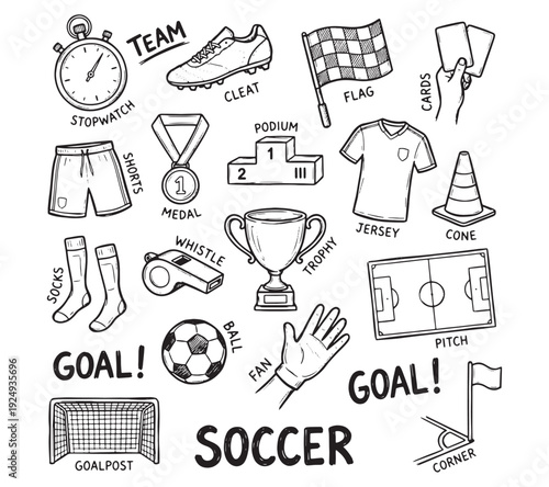 Hand Drawn Soccer Doodle Set with Football Equipment and Game Elements, Sketch Icons Collection Including Trophy, Goal Post, Jersey, Ball, Referee Whistle and Field Layout