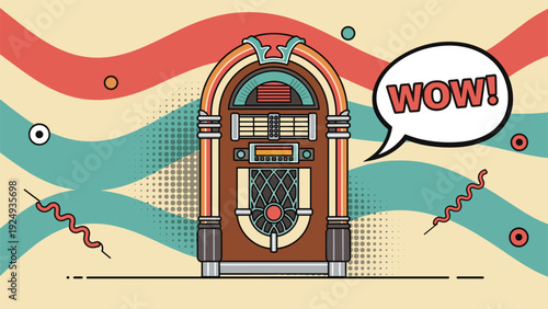Vintage jukebox with colorful lights and retro styling shown next to a comic style speech bubble that says WOW exclamation.