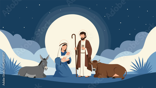 Traditional Nativity scene with Mary holding baby Jesus, Joseph standing with a staff, a donkey, and an ox at night.