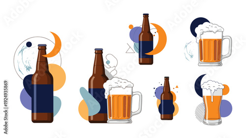 Collection of beer bottles and mugs filled with golden ale and white foam over colorful abstract shapes and moons.
