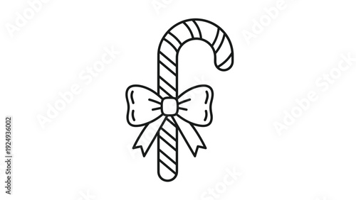Line art illustration of a striped candy cane decorated with a small bow used for Christmas and holiday season themes.