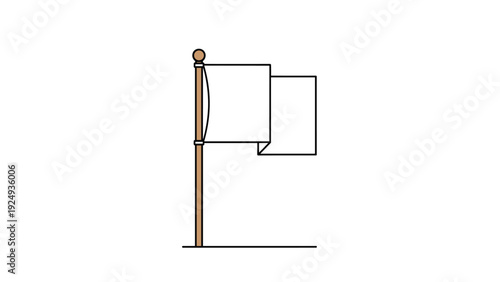 Simple illustration of a white blank flag flying from a wooden pole positioned on a thin black horizontal ground line.