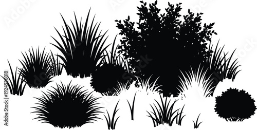 Garden bush and grass silhouette collection, black botanical shrubs plants vector illustration isolated on white background