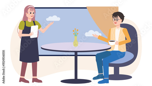 People Drinking Coffee and Talking in Modern Cafe