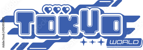 Blue Y2K streetwear Tokyo icon or print. Apparel typography vintage print, clothing text retro isolated vector label element. Streetwear futuristic Y2K emblem or brand graphic funky icon