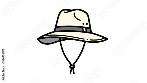 Cream colored wide-brimmed sun hat with a grey band and adjustable chin strap designed for outdoor activities and travel.