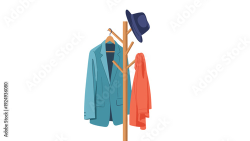 Tall wooden coat rack holding a blue blazer, a dark blue fedora hat, and a red garment isolated on a plain white background.