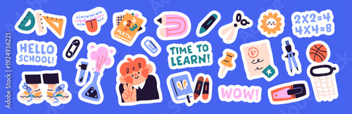 Set of school subjects and elements. Elementary education sticker pack. Books and stationery for learning. Happy student, pencils and textbooks for study. Flat isolated vector illustrations