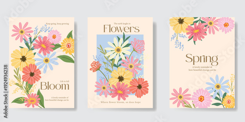 Spring Floral invitation card background vector. Minimal hand drawn botanical flowers template background. Design illustration for wedding, vip cover, poster, rsvp modern card, birthday party.