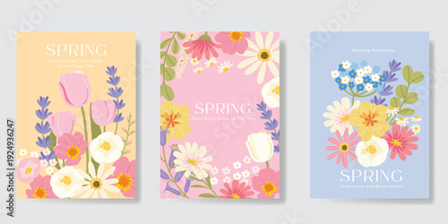 Spring Floral invitation card background vector. Minimal hand drawn botanical flowers template background. Design illustration for wedding, vip cover, poster, rsvp modern card, birthday party.