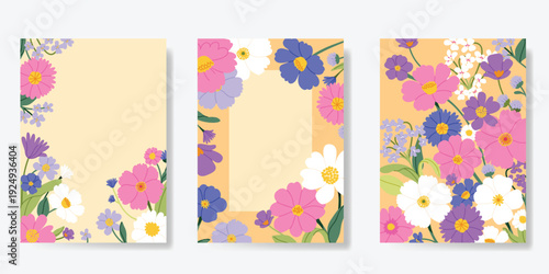 Spring Floral invitation card background vector. Minimal hand drawn botanical flowers template background. Design illustration for wedding, vip cover, poster, rsvp modern card, birthday party.