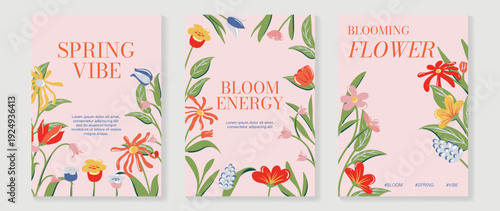 Spring Floral invitation card background vector. Minimal hand drawn botanical flowers template background. Design illustration for wedding, vip cover, poster, rsvp modern card, birthday party.