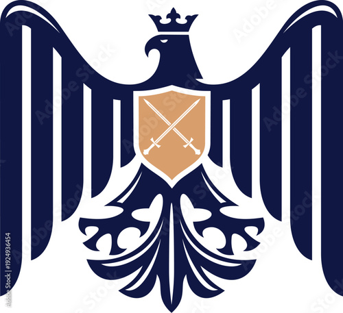 Royal eagle bird with crown, heraldic emblem. Falcon antique coat of arms vector icon, eagle bird ancient heraldry sign. Hawk vintage crest emblem or symbol with two crossed swords on shield