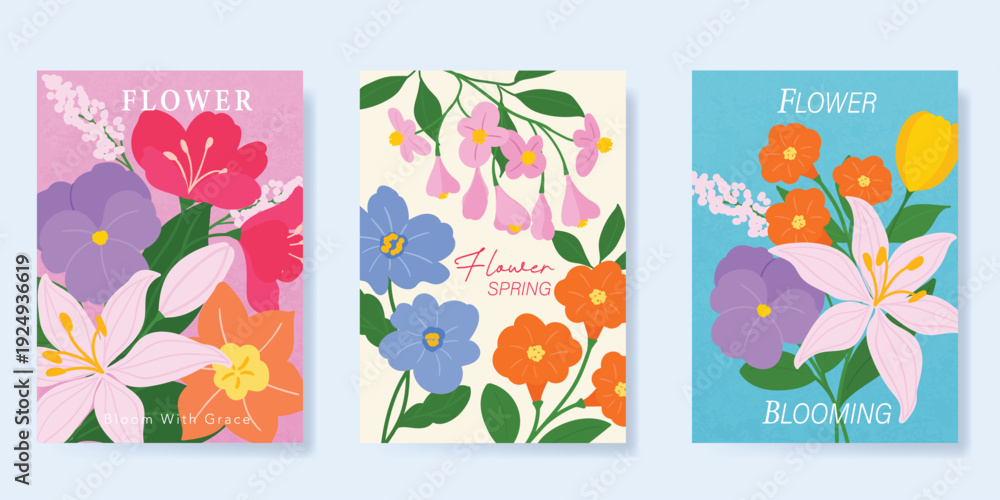 Obraz premium Spring Floral invitation card background vector. Minimal hand drawn botanical flowers template background. Design illustration for wedding, vip cover, poster, rsvp modern card, birthday party.