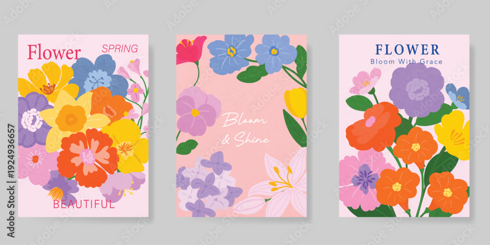 Naklejka premium Spring Floral invitation card background vector. Minimal hand drawn botanical flowers template background. Design illustration for wedding, vip cover, poster, rsvp modern card, birthday party.