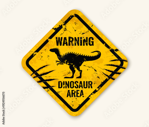 Dinosaur warning sign grunge metal signboard. Dinosaur warning sign with claws scratch marks. Dangerous prehistoric reptile, dino park area vector warning sign with Alectrosaurus dinosaur silhouette